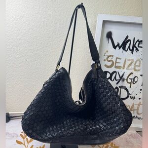 Milo Oversized Black Woven Genuine Leather  Bag